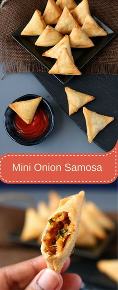 mini onion samosa with ketchup and sauce in the middle on a black plate