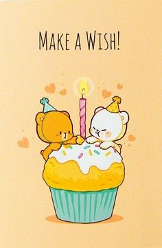 a birthday card with a teddy bear sitting on top of a cupcake next to a candle