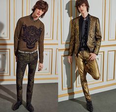 Roberto Cavalli 2016 Spring Summer Mens Lookbook Presentation - Uomo Collezione Milan Fashion Italy - Denim Jeans Bomber Jacket Silk Pants Trousers Slim Cropped Scorpion Tiger Zebra Reptile Snake Jungle Animals Metallic Gold Outerwear Blazer Fringes Necktie Scarf Flowers Florals Print Motif Wing Tip Suit Piping Tuxedo Cocktail Jacket Ruffles Leather Cargo Pockets Roberto Cavalli 2016, Tiger Jeans, Necktie Scarf, Mens Lookbook, Non Binary Fashion, Cocktail Jacket