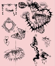 some tattoos on a pink background with black and white ink, including an image of a butterfly