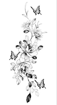 a black and white drawing of flowers with two butterflies flying over them on a white background