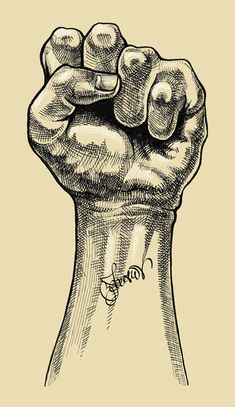 an ink drawing of a fist with the word love written on it's side