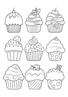 cupcakes with different toppings are shown in black and white, as well as the