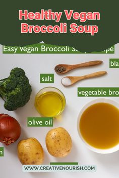 healthy vegan broccoli soup recipe with ingredients labeled in english and spanish on white background