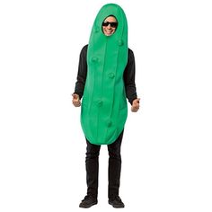 a man in a green pea costume is standing with his hands out to the side