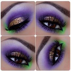 Green Purple Makeup Looks, Witch Makeup Ideas Pretty Purple, Wicked Witch Eye Makeup, Purple Black Witch Makeup, Green And Purple Witch Makeup, Purple Eye Makeup Tutorial, Maleficent Makeup, Wizard Oz, Mardi Gras Makeup