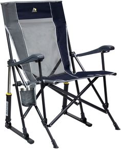 a red and gray folding chair with two handles on it's legs, sitting in front of a white background