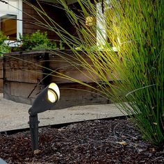 an outdoor light is lit up on the ground next to some plants and grass in front of a house