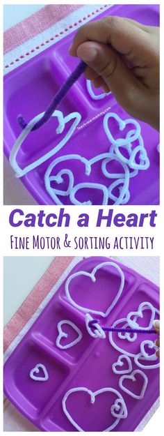 a child's hand is drawing hearts on a purple tray with the words, catch a heart fine motor and sorting activity