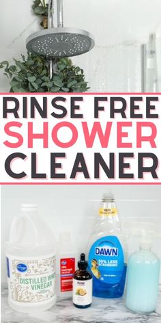 a sink with the words rinse free shower cleaner on it and other cleaning products