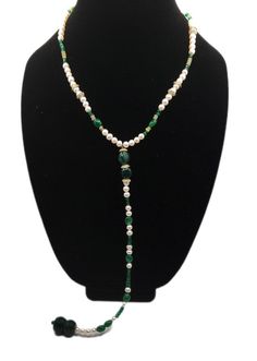 Emerald and Pearl Necklace L.Signature Collection by L.Styles Elegant Green Pearl Necklace With Natural Stones, Elegant Single Strand Green Onyx Necklace, Elegant Emerald Beaded Necklaces, Elegant Green Single Strand Pearl Necklace, Elegant Beaded Necklace With May Birthstone Gemstone, Elegant Beaded Necklace With May Birthstone, Elegant May Birthstone Beaded Necklaces, Green Pearl Necklace With Round Beads And Pearl Drop, Green Pearl Necklace With Gemstone Beads For Wedding