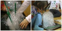 two pictures of children playing with bubbles and water