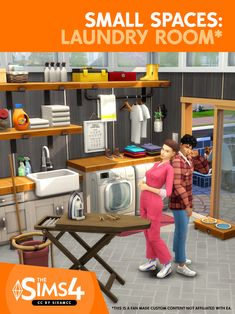 an image of a man and woman in the kitchen with laundry room on the wall