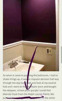 an image of a bathroom with purple walls and white fixtures on the wall, along with text that reads so when it came to panning the bathroom, i had to shake things up