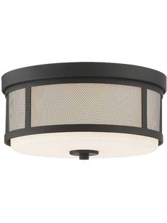 a black ceiling light with mesh shades on the top and bottom part of the fixture