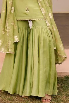 Green kurta with mirror, sequin, cutdana, zari thread embroidery in floral pattern. Paired with tiered sharara and dupatta. - Aza Fashions Embroidery Mirror, Kurta Set For Women, Green Mirror, Mirror Round, Straight Kurta, Thread Embroidery, Kurta Set, Full Sleeves, Set For Women