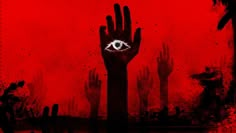 a hand with an eye on it is in front of a red background and two hands