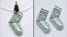 origami christmas tree made out of dollar bills hanging from clothes pins on a string