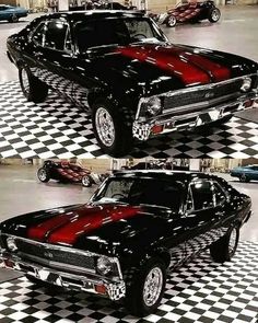 two pictures of a black and red car on a checkered floor with the same color