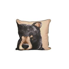 a black and brown bear pillow on top of a white background with the image of it's head