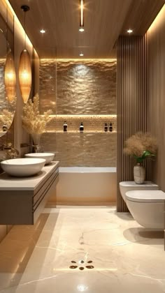 a modern bathroom with two sinks and a tub