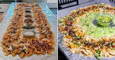 two pictures side by side, one with nachos and the other with guacamole