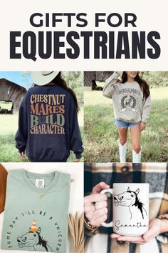 Collage of equestrian-themed apparel and accessories under the header 'Other Products You Might Like.' Includes sweatshirts with phrases like 'Chestnut Mares Build Character' and 'Thoroughbred State of Mind,' a mint green T-shirt with a cartoon horse and the text 'Someday I'll Be a Unicorn,' and a white mug with a horse illustration labeled 'Samantha.' Equestrian Gift Ideas, Gift Ideas Minimalist, Chestnut Mare, Snaffle Bit, Farmer Shirt, Equestrian Gifts, Horse Gifts, Horse Bits, Horse Lover