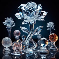 an assortment of crystal vases with flowers and leaves on them in front of a black background