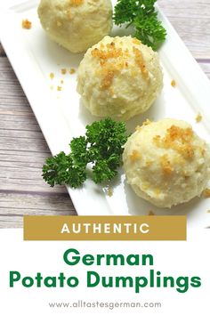 Potato dumplings on a white serving plate with a garnish of buttered bread crumbs and parsley Potato Dumplings Recipe Homemade, Knodel Recipe, German Thanksgiving, Potato Perogies, Potato Dumpling, Drop Dumplings