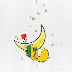 a drawing of a person sitting on the moon with a flower in their hand and stars flying around