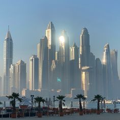 the sun shines brightly in front of a large city with tall buildings and palm trees