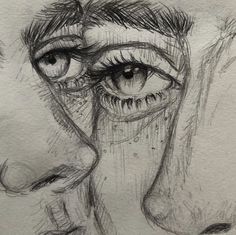 a pencil drawing of a woman's face with tears and wrinkles on her eyes