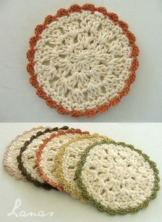 four crocheted coasters are shown in different colors and sizes, each with a circular design