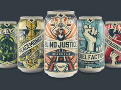 six different types of beer cans on a dark background with the words blind justice written below them