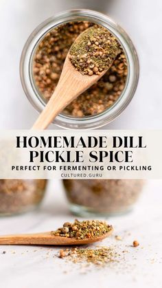 homemade dill pickle spice in a jar with wooden spoon