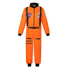 an orange jumpsuit with black straps and patches on the chest