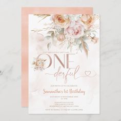 a pink and white floral birthday party card with the words one beautiful day on it