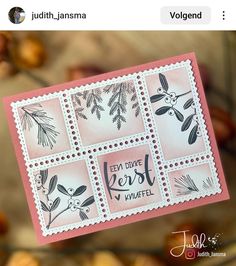 a card with stamps on it and some leaves