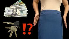 a woman in a blue skirt with money and keys to her side, which says do you know what they are?