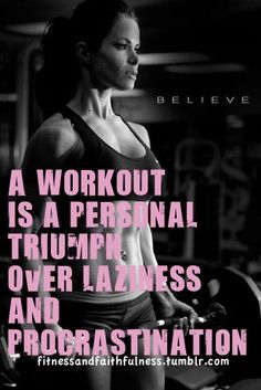 a woman is standing in front of a gym machine with the words, a workout is a personal triumph over lazyness and procrastination