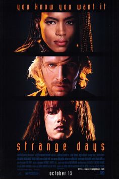 a movie poster for the film strange days with two faces on one side and an image of a woman's face on the other