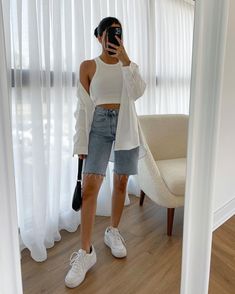 Long Shorts Outfits Women, Denim Bermuda Shorts Outfit, Cool Name, Mom Jean Shorts, Neat Casual Outfits, Jean Short Outfits, Modest Summer Outfits, Mom Denim