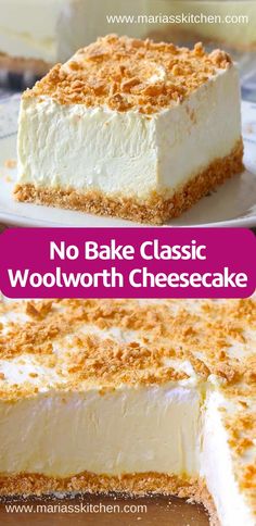 no bake classic woolworth cheesecake recipe on a white plate with text overlay