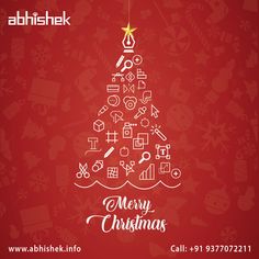 a merry christmas tree on a red background with white lettering and icons in the shape of a star