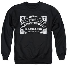 This Ouija Board Classic Spirit Board men's sweatshirt, has the original Ouija board on the front. Front print only. Cotton Poly Blend Printed in the USA Officially Licensed Merchandise Flash Tv Series, Spirit Board, Mens Crewneck Sweatshirt, Ouija Board, Black Pullover, Mens Crew Neck, Sweatshirt Designs, Black Cotton, Mens Sweatshirts