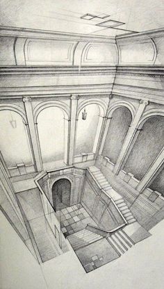 an architectural drawing of a building with stairs and arches in the center, looking down