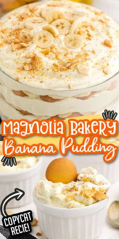 this banana pudding is made with whipped cream and topped with sliced bananas in a glass dish