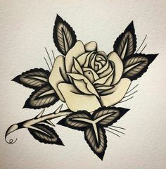 a drawing of a rose with leaves and scissors on the back of its flower head