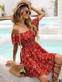 Red Boho  Short Sleeve Polyester Floral,All Over Print A Line Embellished Non-Stretch Summer Women Dresses Outfit Vestido Rojo, Vestidos Sport, فستان زهري, Shein Clothes, Off Shoulder Floral Dress, Shirred Waist Dress, Western Dresses For Women, Wardrobe Architect, Moda Floral