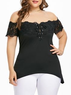 Plus Size Off Shoulder Asymmetrical T-shirt - Black - 3P71019817 - Women's Clothing, Plus Size Women's Clothing  #PlusSizeWomensClothing #Women's #Clothing # #Plus #Size #Women's #Clothing Off Shoulder Crochet, Plus Size Off The Shoulder, Crochet T Shirt, Shirt Crochet, Off Shoulder T Shirt, Off The Shoulder Shirt, Crochet T Shirts, Black Lace Shorts, Lace Short Sleeve Top